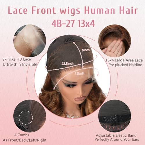 13x4 Full Frontal Lace Wig 4/27 Honey Blonde Ombre Lace Front Wigs Human Hair Skinlike HD Lace 0.10mm Ultra-thin Invisible Highlight Body Wave Lace Front Wig 24 Inch Pre plucked Baby Hair 200% density - Thumbnail 4