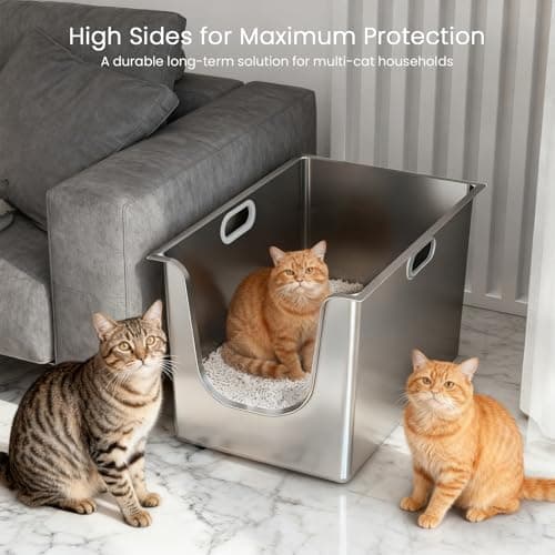 Stainless Steel Litter Box 11.8'' High Sides, XL Metal Cat Litter Box with Curved Low Entry, Cat Litter Pan for Big & Multiple Cats, Pet Toliet with Handy Wheels for Easy Moving - Thumbnail 4
