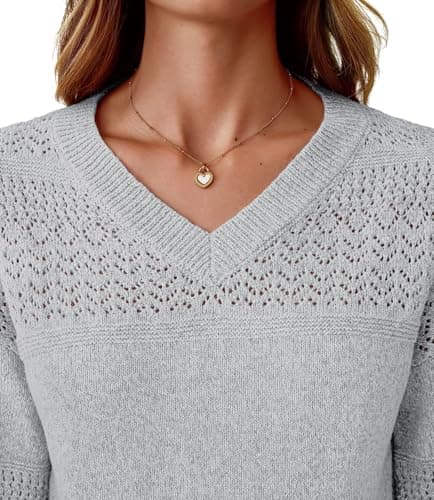 NORACORA Womens V Neck Fall Sweaters 2025 Casual Long Sleeve Ribbed Knit Pullover Lightweight Crochet Pullover Sweater Tops Grey - Thumbnail 5