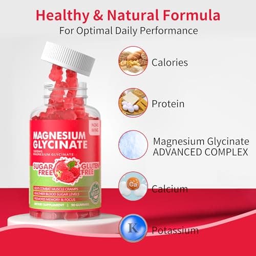 180 CT Magnesium Glycinate Gummies 1000mg - Sugar Free Magnesium Potassium Supplement with Vitamin D, B6, CoQ10 for Calm Mood & Sleep Support - 180 Raspberry Gummies - Thumbnail 2