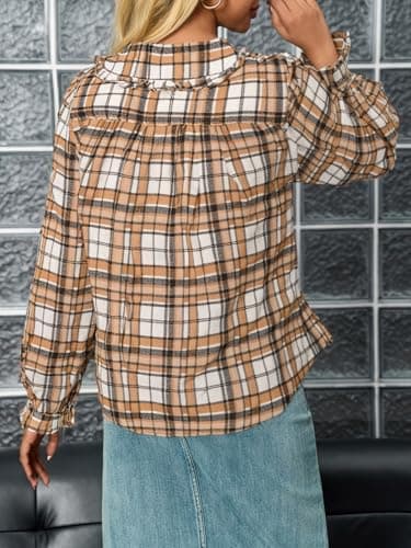Tankaneo Womens Peter Pan Collar Button Down Shirts Long Sleeve Plaid Blouse Dressy Casual Fall Tops Brown - Thumbnail 5