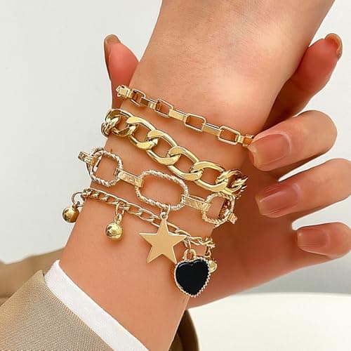 Alegend 14K Gold-Plated 4-Layer Design Bracelet Set - Bead, Heart & Star Pendants - Thumbnail 4