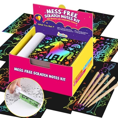 JMMICO Rainbow Scratch Paper,100 PCS Scratch Notes with Reusable Cleaner Tool, Crafts for Kids Ages 4-8, Classroom Prizes, Birthday Party Favors for Kids 3-5