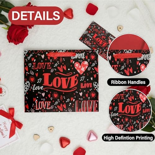 Love Black Gift Bag Card - 10"H x 12"L Love-Themed Gift Bag with Ribbon Handle 3 Red Tissue Papers Folding Card Black Envelope Romantic Gift Wrapping for Anniversary Date Night Wedding for Wife Best Friends Family Mother Birthday - Thumbnail 5