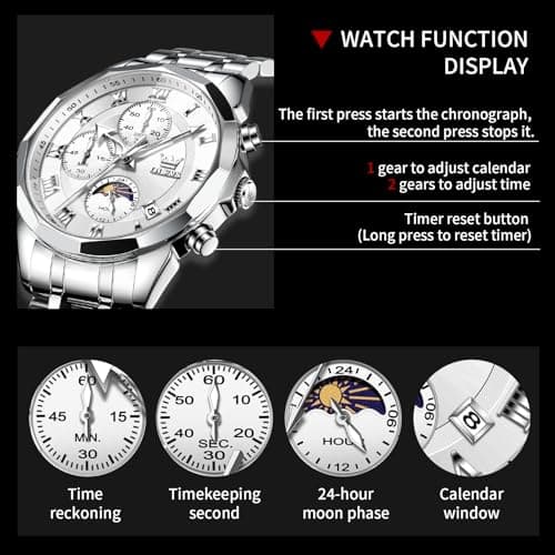 OLEVS Watch Men Luxury Sliver Stainless Steel Dress Waterproof Wrist Watches for Men Classic Analog Quartz Moon Phase Chronograph Battery Luminous Men Watch Relojes De Hombre - Thumbnail 6