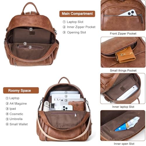 Leresas 35L Backpack Purse for Women Men Vegan Leather Backpack Travel College Work Laptop Computer Bag Business Teacher Backpack Brown - Thumbnail 3