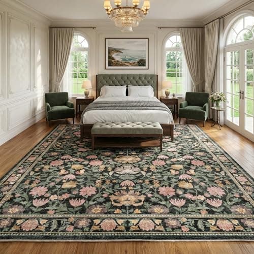 Cnythlis 9'x12' Washable Non-Slip Extra Large Living Room Rug, Vintage Floral 0.26" Low Pile Faux Wool Soft Carpet, Water Resistant for Big Dining Room Bedroom, Charcoal Green - Thumbnail 2