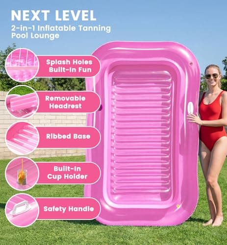 Inflatable Tanning Pool Lounger Float with Sprinkler, 77" x 48" XL Tanning Pool for Adults with Pillow & Cup Holder, 6 in 1 Suntan Tub Sunbathing Bed Pool Floats Adult for Backyard, Beach & Lake - Thumbnail 4