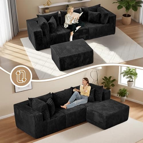 PATAVOT 104 Inch Cloud Couch Sectional,Corduroy Boneless Couches for Living Room,L-Shaped Modular Sectional Sofa with Removable Ottoman and Deep Seat,No Assembly Required,Black - Thumbnail 4