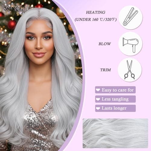 Barbique 26 Inch Grey Body Wave Synthetic Wig 13x6 HD Transparent Lace Front Wigs for Women Heat Resistant Glueless Pre Plucked Christmas Holiday Wigs 180% Density with Baby Hair - Thumbnail 2