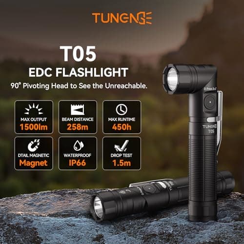 TUNENGE T05 EDC Tactical Flashlight Rechargeable, 1500 High Lumen 90 Degree Work Light with Magnet, 6 Mode Super Bright Small LED Flashlight for Work Maintenance, Outdoor, and Emergency Situations - Thumbnail 2