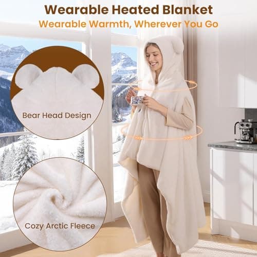 Bearbug Cordless Heated Blanket 50“ x 70", Portable Wearable Heated Blanket Shawl Hoodie Battery Operated, Car Charger, Dc Adapter, 3 Heating Level, Machine Washable, Beige - Thumbnail 2