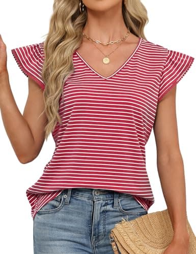 JUSTFASHIONNOW Womens Summer Ruffle Flutter Sleeve V Neck Tops, Soft Casual Striped Versatile Dressy Blouses(Red Stripe Large) - Thumbnail 6