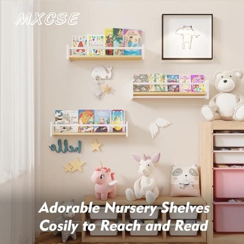 MXCSE Nursery Floating Bookshelf for Kids, Wall Mounted Kids Book Shelf with Toy Storage, Pine Wood Nursery Shelves for Playroom, Bedroom, Toddler Room, Set of 3 (White & Wooden, 24 in) - Thumbnail 3