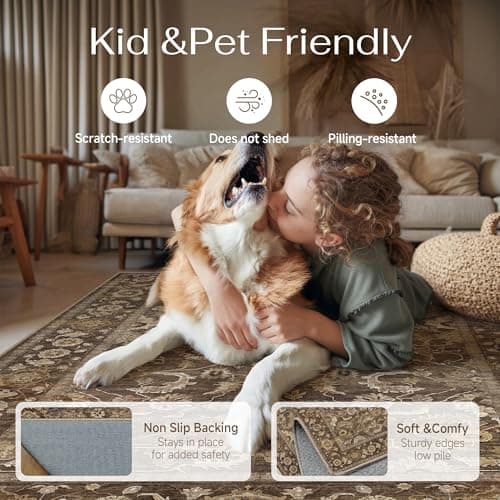 Berthmeer 8x10 Area Rugs for Living Room, Ultra Soft Washable Non-Slip Rug for Bedroom Low-Pile Vintage Distressed Floral Print Accent Carpet for Dining Room Home Decor Office Brown - Thumbnail 3
