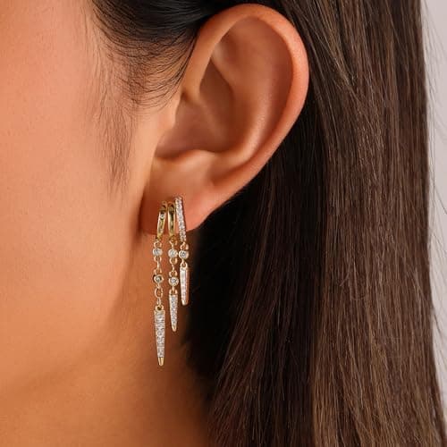 Gold Dangle Earrings for Women, 14k Gold Plated Statement Triple Hoop Illusion Drop Earrings Cubic Zirconia Huggie Earrings for Women Trendy - Thumbnail 2