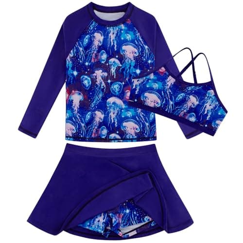 Seanrui Rash Guard for Girls Swimsuit 3 Pieces Tankini Swimsuits with Swim Shirt UPF 50+ 5-6 Years Blue Gradient - Thumbnail 6