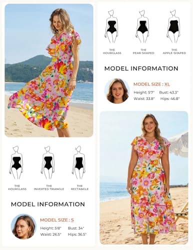 GRACE KARIN 2026 Summer Wedding Guest Dresses for Women Ruffle Sleeve Boho Midi Dress Smocked Flowy Floral Dress with Pocket Pink Orange XL - Thumbnail 6