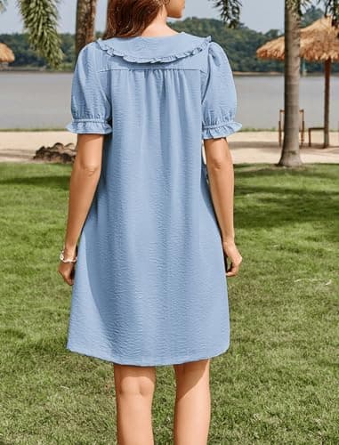 Theenkoln Womens Button Down Mini Dress:Oversized Peter Pan Collar Short Sleeve Flowy Baby Doll Dresses with Belt Light Blue S - Thumbnail 3