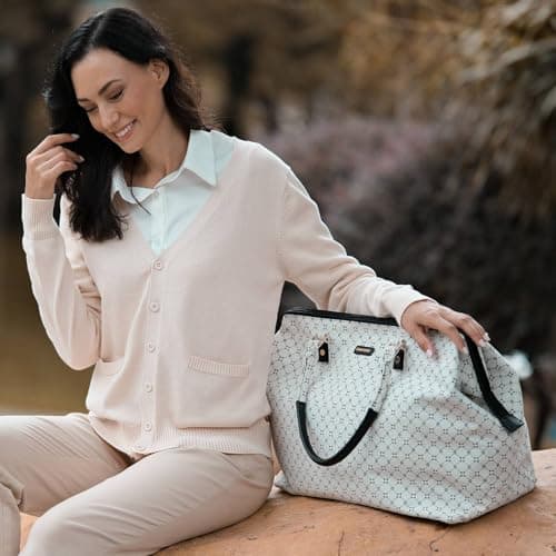 SUNVENO Large Mommy Hospital & Travel Diaper Bag Tote, Weekender Organizer Bag for Mom & Baby with Changing Pad, 2 Pouches & Luggage Sleevet, White Classic - Thumbnail 2