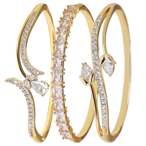3 Pack 18K Gold Plated Bangles Bracelet Set for Women, Dainty Vintage Trendy Fashion Jewelry, Ideal Gift for Birthday Christmas Valentine's Day Mother's Day for Girlfriend Wife Mom Sister - Image 1