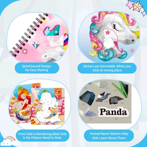 homicozy 4PCS Sticker Paint Books for Kids Ages 4-10,Unicorn Mermaid Animals Designs Paint By Stickers,Sticker By Numbers,Party Birthday Gifts for Girls 4-10,Create 40 Pictures One Stickers at A Time - Thumbnail 5