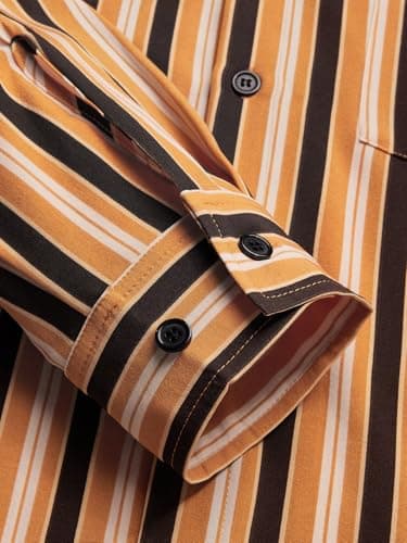 Hardaddy Men's Classic Color Contrast Striped Shirt Long Sleeve Casual Button Down Shirts Blouse Yellow 01 L - Thumbnail 2