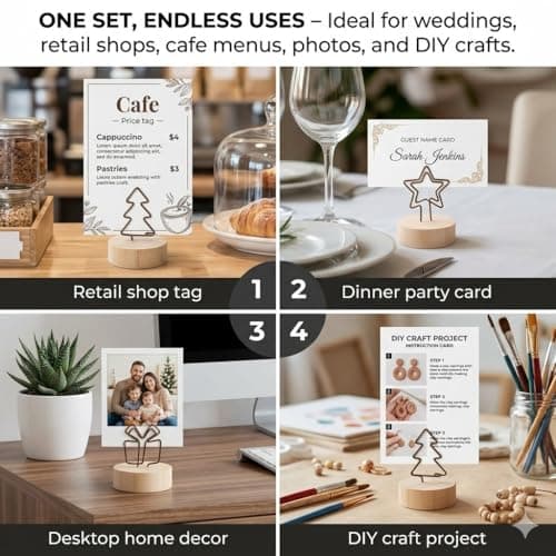 12 Pack Wooden Table Number Holders, Rustic Place Card Holders with Metal Star & Tree Clips, Photo Memo Note Stands for Wedding Reception, Party Decoration, Buffet Signs, Home Office Desk Accessories - Thumbnail 6