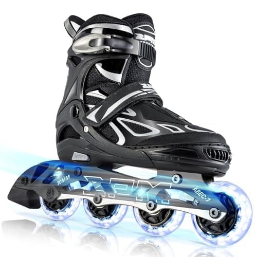 2PM SPORTS Vinal Inline Skates for Men with Light Up Wheels Adjustable Roller Women, Illuminating Outdoor Roller Skates for Kids and Adults - Silver XL