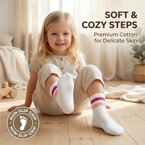 BISOUSOX Toddler Socks with Grips, Seamless Cotton Non-Slip Crew Baby Boy Girl Grippy Socks for 0-5T Walking, Crawling - Thumbnail 3