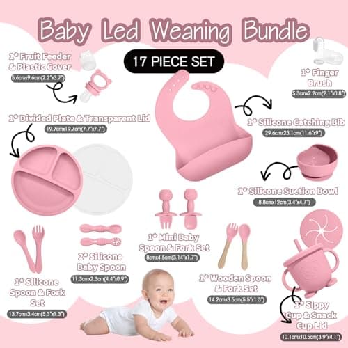 Baby Led Weaning Supplies, 17 Piece BPA-Free Silicone Feeding Set, Eating Essentials Baby Utensils with Suction Plate and Bowl, Pocket Bib, Sippy Cup with Lid, for 6+ Months, Pink - Thumbnail 2