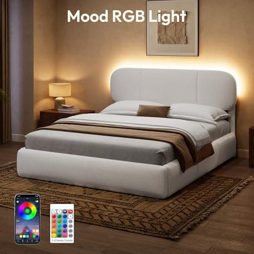 Uteeran Queen Size Bed Frame with Storage, Boucle Cloud Bed with 4 Locking Drawers & LED Lights, Modern Upholstered Platform Bed, Plush Sides & Footboard, Adjustable Headboard, No Box Spring, White - Thumbnail 3