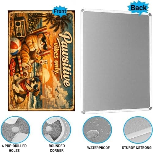 Pawsitive Vibes Only Vintage Tin Sign Funny Cat Dog Beach Wall Decor Retro Metal Plaque Summer Coastal Artwork Gift for Pet Lovers Home Bar Patio 8x12 Inch Pre Drilled Holes - Thumbnail 5