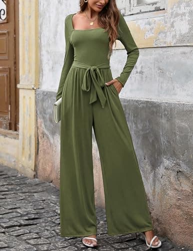 LOOKBOHO Womens Casual Jumpsuits Dressy Long Sleeve Square Neck Belt Wide Leg Long Romper With Pockets Army Green XL - Thumbnail 4