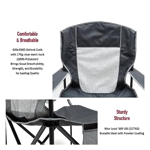 SUNNYFEEL Camping Chairs for Adults, Oversized Camping Chair Heavy Duty 500LBS, Portable Lawn Chair with Cup Holder, Side Pocket&Bag for Outdoor Camping/Beach/Picnic/Fishing, Grey - Thumbnail 6