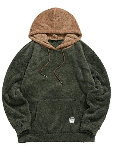 ZAFUL Color Blocking Fuzzy Hoodie Unisex Men Sherpa Pullover Loose Fluffy Sweatshirt (Army green-B, L) - Image 1