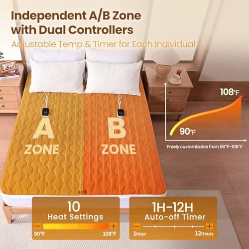 Bearhug Heated Mattress Pad King Size 78"x80" with Zippered Detachable Cover, Dual Control Electric Bed Warmer Machine Washable with 10 Heat Settings & 12H Auto Off Winter Essentials - Thumbnail 2