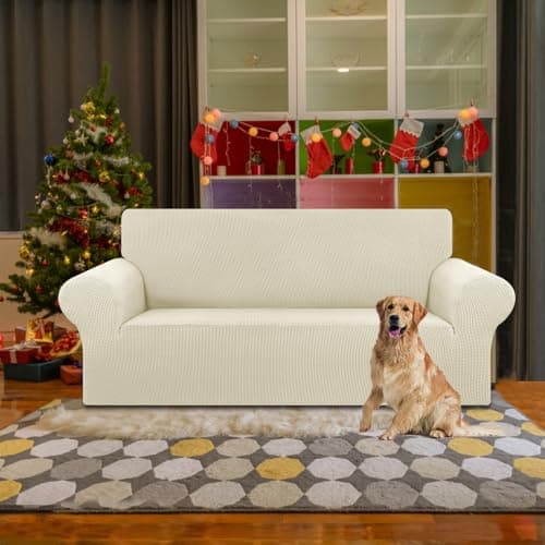 KEKUOU Stretch Loveseat Sofa Cover Slipcover,Couch Covers for 2 Cushion Couch Sofa (55"-78") Furniture Protector Sofa with Elastic Bottom for Kids,Dog. Jacquard Small Checked(Medium,Beige) - Thumbnail 2