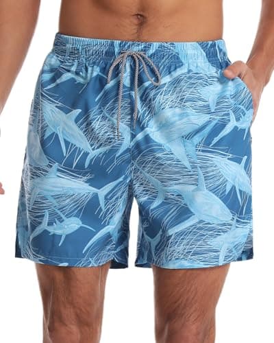 Y YERFONE Mens Swim Trunks with Compression Liner Men Bathing Suit 5 inch Board Shorts Zipper Pockets Drawstring 2 in 1 Quick Dry Stretch Lined Funny Beach Swimming Pool Surf Blue Shark - Thumbnail 5