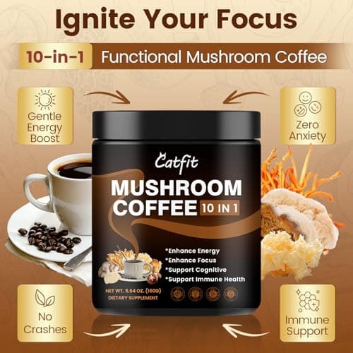 Catfit Mushroom Coffee, Instant Mushroom Coffee 10-in-1 Adaptogen Blend with Lion's Mane, Chaga & Cordyceps for Energy, Focus, Gut Health & Immune Support - 160g, 50 Servings - Thumbnail 3