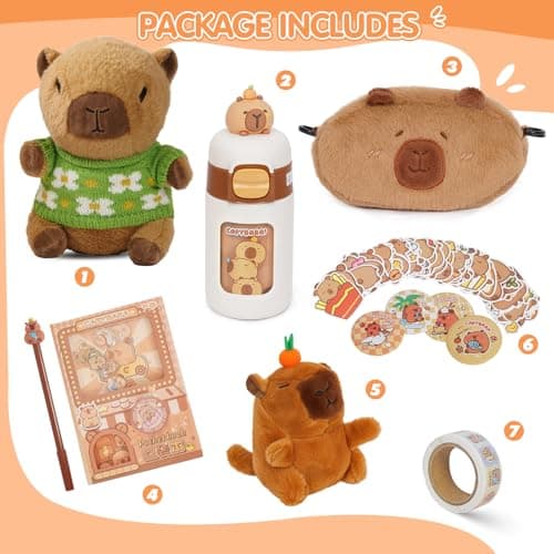 NXNYNZ Capybara Plush for Kids 4 5 6 7 8 9 10+ Year Old Birthday Cute Capybara Plush Set with Stuffed Animal/Cup/Notebook/Bag/Pen/Stickers/Badge/Keychain - Thumbnail 2