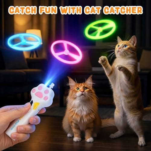 HOMQYTE Cat Chase Fetch Toy - Rechargeable Disc Launcher with 6 Flying Spinners - Best Interactive Pet Hunting Toys for Indoor Outdoor Yard Cats Dog (White) - Thumbnail 3