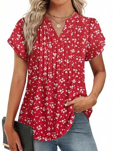 Funlingo Womens Tops Dressy Casual 2026 Short Ruffle Sleeve Red Floral Blouses for Women Summer V Neck Loose Fitting Chiffon Work Shirt Red Dot L - Image 1