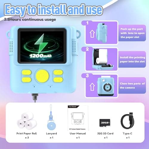 ESOXOFFORE Kids Camera Instant Print, Christmas Birthday Gifts for Kids Age 3-12, Selfie Digital Camera with 1080P Videos,Toddler Portable Travel Toy for 4 5 6 7 8 9 Year Old Boys Girls-Blue - Thumbnail 6