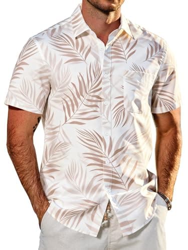 JEMLDL Men's Hawaiian Short Sleeve Button Down Shirt Wrinkle-Free Lightweight Clothing Hibiscus Floral Casual Office Light Khaki Leaf Small - Image 1