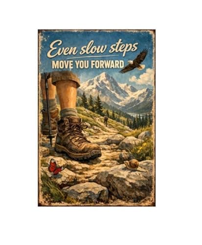 Even Slow Steps Move You Forward Tin Sign Inspirational Quote Metal Wall Decor Vintage Hiking Mountain Artwork Motivational Rustic Plaque for Home Office Gym Cabin Man Cave Wall 8x12 Inch