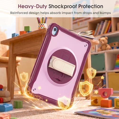 ProCase Kids Case for iPad A16 11th Gen 11" 2025/iPad 10th Gen 10.9" 2022 with Screen Protector, Fully-Body Shockproof Rugged Protective Cover with Rotatale Stand Hand/Shoulder Strap -Raspberry - Thumbnail 5