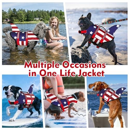 Dogcheer Dog Life Jacket Shark, American Flag Dog Life Vest with Reflective Stripes & Rescue Handle, Adjustable High Buoyancy Puppy Swim Float Vest for Small Medium Large Dogs - USA Flag, XS - Thumbnail 6