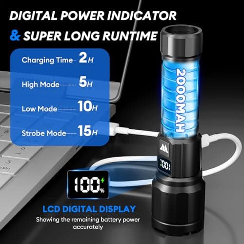 3 Pack Rechargeable Flashlights High Lumens, Super Bright LED Tactical Flashlight with LCD Power Display, Zoomable Flashlights 15H+ Runtime, IP65 Waterproof Flashlights for Home Emergency Camping - Thumbnail 4