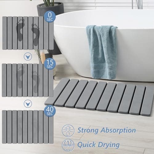 AWW Foldable Stone Bath Mat, Quick Dry Diatomaceous Earth Bath Mat with Non-Slip Mat, Super Absorbent, Easy to Clean, Compact for Small Bathrooms, 23.6 x 15.5, Grey - Thumbnail 2